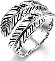 [AVECON] 925 Sterling Silver Ring Adjustable Feather Leaf Ring Stacking Ring Vintage Statement Ring for Women & Men