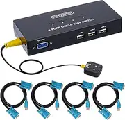VGA KVM Switch 4 Port, USB VGA KVM Switcher for 4 Computers Share 1 Monitor 3 USB Devices Keyboard Mouse Scanner Printer, Including 4 KVM Cables & Desktop Control