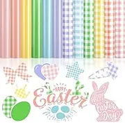 Whaline 12 Sheet Easter Heat Transfer Vinyl Rainbow Color HTV Iron on Vinyl Plaid Adhesive Craft Vinyl for DIY Fabric T-Shirt Silhouette Hat Bag Easter Spring Birthday Craft Supplies, 10 x 12 Inch