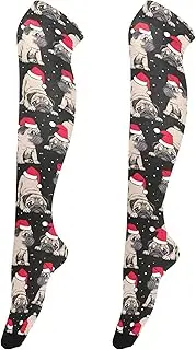 [Caihoyu] Women Soft Thigh High Socks Lightweight Extra Long Over Knee High Boot Stockings Over Knee Thigh High Socks for Daily Office Wear Christmas Pattern Adorable Beige Puppies Red Hat, Christmas
