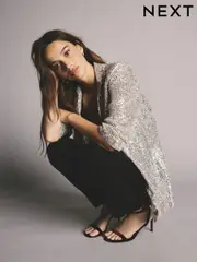Silver Sequin Ruched Sleeve Blazer (Q91151) | $109