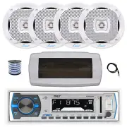 Pyle Bluetooth Marine Receiver, Cover, Antenna,Wire, 4x 6.5" 400W White Speakers
