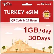 TSIM Prepaid Turkey eSIM for Travel | 30 days 1GB/day 5G Speed | Hotspot Allowed | eSIM QR Code Sent by Email within 24Hrs of Shipping | Scan QR Code and use Immediately | Data Only No Voice