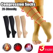 3x Zipper Compression Socks 20-30 mmHg Mild Leg Calf Circulation Open Toe Socks