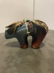 Jeremy Diller RAKU Pottery Fetish Bear Figurine SIGNED Feathers Stone Copper