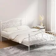 Artiss Double Metal Bed Frame with Headboard(Base Only), Metal Platform Bed with Easy Assembly, 300kg Capacity Heavy-Duty Metal Slats with Under Bed Storage for Master Bedroom/Guest Room, White