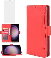 Compatible with Samsung Galaxy S23 Plus 5G 2023 Wallet Case and Tempered Glass Screen Protector Card Holder Stand Leather Flip Phone Cover for Gaxaly S23+5G Galaxies S23+ S23plus Women Men Red