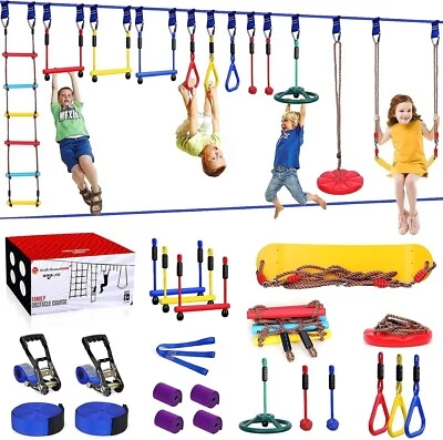 Ninja Warrior Obstacle Course for Kids with 13 Ninja Accessories 2x65 FT Sl...