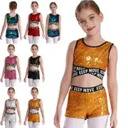 Kid Girls Sequins Cheerleading Costume Sleeveless Crop Top with Shorts Dancewear