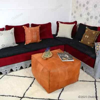 Moroccan Ottoman Footstool Leather Boho PouffeBrown Square Pouf 30'' Unstuffed