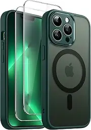 JETech 3 in 1 Magnetic Case for iPhone 13 Pro 6.1-Inch with 2-Pack Tempered Glass Screen Protector, Compatible with MagSafe, Translucent Matte Back Shockproof Phone Cover (Dark Green)