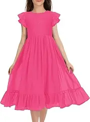 [MITILLY] Girls Elegant Lace Flower Crew Neck Ruffle Chiffon A-Line Flowy Birthday Party Midi Dress