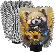 XYMZR Absorbent Microfiber Car Wash Mitt Red Panda Sunflower Cute, Funny Cute Anime Scratch Free for Cars Cleaning, Home Cleaning Mitts, 2 Pack, 10.24” L x 7.09” W