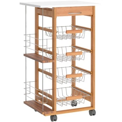 HOMCOM Multi-Use Kitchen Island Trolley Baskets Side Racks Drawer Worktop Brown