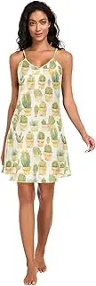 [FRODOTGV] Women Satin Nightgown Comfy V Neck Lingerie Nightie Loungewear Green Potted Cactus Sleeveless Sleepwear for Women S