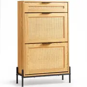 Rattan Shoe Cabinet Shoe Organizer with 2 Flip Drawers & 1 Slide Drawer