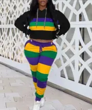Women's Mardi Gras Color Block Hoodie Two Piece Pants Set