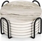 LIFVER Drink Coasters with Holder, Absorbent Coaster Sets of 6, Marble Style Ceramic Drink Coaster for Tabletop Protection,Suitable for Kinds of Cups, Wooden Table, Cool Home Decor, 4 Inches