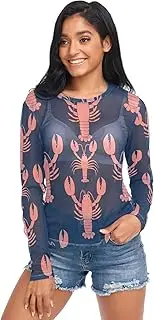 [RPLIFE] Cute Peach Lobster Dark Blue Transparent Shirts for Women, Long Sleeve Sheer Tops for Women S-XXL
