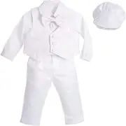 [Dressy Daisy] Infant Baby Boys Christening Clothing Baptism Outfits White Suit Set with Bonnet Long Sleeve Size 3 to 24 Months