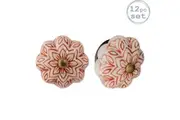 Nicola Spring Ceramic Cupboard Drawer Handle Knobs - Vintage Flower Design - Dark Red - Pack of 12