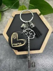 4.5" Silver-Tone Mama Wood Pendant Skeleton Key Keychain New Free Ship B2575
