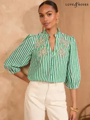 Love & Roses Green Stripe Petite Pie Crust Detail 3/4 Sleeve Blouse (AM5464) | $97