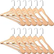 Wide Shoulder Wooden Suit Coat Hangers, 12 Pack Heavy Duty Wood Clothes Hangers with Non-Slip Bars, Smooth Finish and 360° Swivel Hooks for Suit,Coat,Jacket,Pants (1)