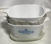 Vntg Corning Ware Blue Cornflower Petite Dish w/ Plastic Lid. P-43. 4 pcs. USA