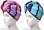 Anller 2 Pack 100% Cotton Hair Towel Wrap, Hair Drying Towel with Button for Women, Dry Hair Hat, Shower Head Towel (red & Blue)
