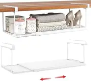 NOAEOU 2 Pack Expandable Under Cabinet Shelf, Extendable Under Shelf Storage with Long Clips for Pantry Cabinet, Laundry Room, Kitchen ((White, 7.46" H x 8.26" D))