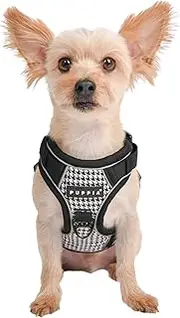 [Puppia] Conall Dog Harness H Houndstooth Pattern Sturdy Adjustable Neck and Chest Reflective for Small and Medium Dogs, Black, Small