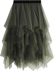 [Reaowazo] Tulle Skirts for Women Midi Long Fairy Skirt Tutu A-Line Mesh Layered High Elastic Waist Halloween Skirts