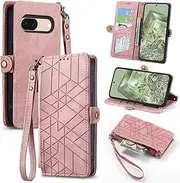 Case Compatible with Google Pixel 8A,Compatible with Google Pixel 8A【Zipper Wallet】【Card Holder】【Flip Stand】【Magnetic Buckle】 Lanyard PU Leather Cover Pink