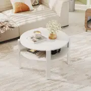 Costway2-Tier Round Coffee Table with Storage Shelves with Faux Wooden Top-White