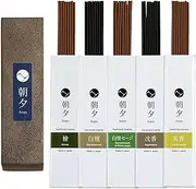 Asayu Japan Natural Incense Sticks Assortment, Set of 5 (Sandalwood, Agarwood, Cypress, White Sage, Frankincense), Made in Japan Wood Incense Sampler Variety Pack for Morning and Evening Relaxation