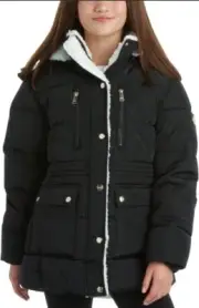 DKNY Girls Anorak Puffer Coat With Cinched Waist - Sherpa Lined Insulated Jacket
