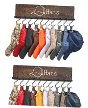 Hat Rack for Wall, Wooden Baseball Cap Organizer with 20 Hooks, Metal Rustic
