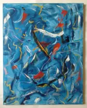 "Floating Fish" Original work of Czech Abstract Painter Jan Kabzan. Oil Canvas