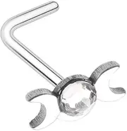 [Pierced Owl] 20GA 316L Stainless Steel CZ Crystal Double Crescent Moon L-Bend Nose Stud, 20ga, Metal, cubic zirconia