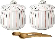Japanese Chawan-mushi Cups with Lid and Spoon, 3.74" dia. x H3.94 Barrel-Shaped Tokusa Pattern, Mino Ware, Set of 2 from Japan (Brown,Red line)