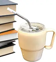 Glass Cup with Lid and Straw - Letter Printing Beverage Sippy Glass | Multi Purpose Straw Cup with Handle for Iced Hot Drinks for Restaurant Kitchen Wedding Picnic Camping