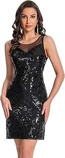 [ODIZLI] Women's Sleeveless Sparkly Sequins Glitters Bodycon Short Dress Prom Homecoming Wedding Dress Illusion Round Neck