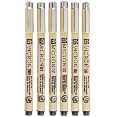 Sakura MICRON Pens 6 pc ALL BLACK Various Point Sizes #30062 005 01 02 03 05 08