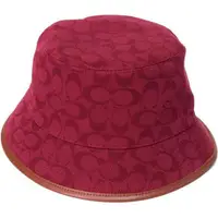 在飛比找momo購物網優惠-【COACH】酒紅織布滿版LOGO焦糖牛皮革飾邊漁夫帽