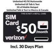 Verizon Prepaid $50 Unlimited SIM Card 5G / 4G Data Plan 5GB Hotspot For 30 Days