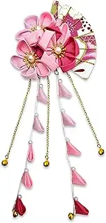 CRB Fashion Womens Girls Kimono Traditional Tsumami Kanzashi Outfit Wedding Japanese Asian Yukata Hair Tie Flower Floral Sakura Fan Barrette Clip (Pink Off White)