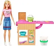 ​Barbie Noodle Bar Playset with Blonde Doll, Workstation, 2 White and Green Dough Containers, 2 Bowls, Play Knife and 2 Pairs of Chopsticks for Ages 4 and Up