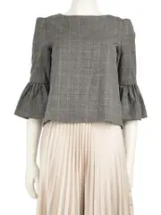Grey Wool Tartan Ruffle Sleeve Top