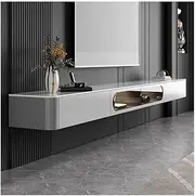 tv Stand Unit Floating TV Stand with Rock Slab Desktop, Modern Gray Media Console Storage Cabinet Under TV, Wall Mounted TV Unit with 2 Glass Doors and 2 Drawer Living Room Furniture(200x30x25cm)